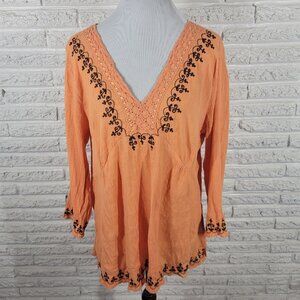 Faded Glory Women Top 18W 20W Plus 3/4 Sleeve Orange Crinkle Crochet ORA11E